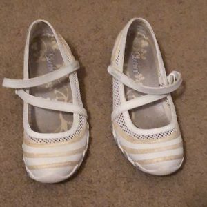Skechers White and Beige Striped Mary Jane Flats with Cross Straps